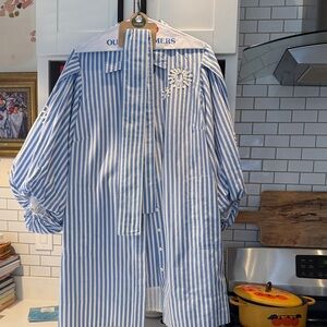 Tanya Taylor Blue Striped Long Sleeve Dress with sequin embellishment